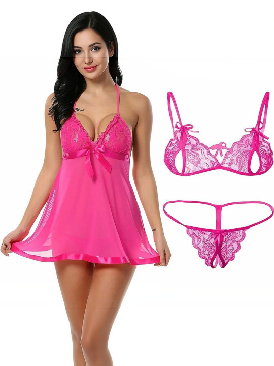Net Halter Neck Baby Doll Pink Nighty