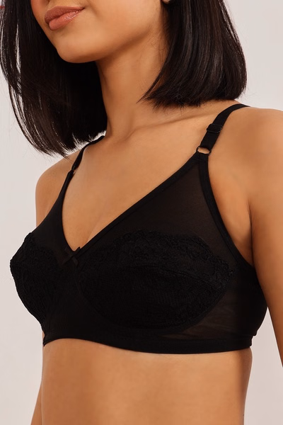 Non-Padded Non-Wired Full Cup Bra & Bikini Panty Set In Black - Lace
