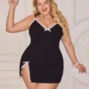 Plus Size Lace Trim Contrast Color Spaghetti Strap Mini Nightdress