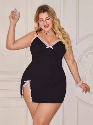 Plus Size Lace Trim Contrast Color Spaghetti Strap Mini Nightdress