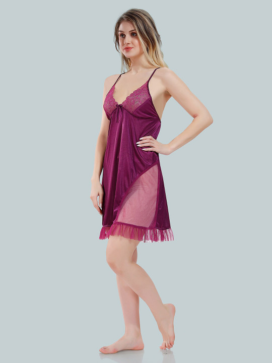 Solid Lace Details Satin Sexy Nighty with Robe