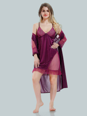 Solid Lace Details Satin Sexy Nighty with Robe