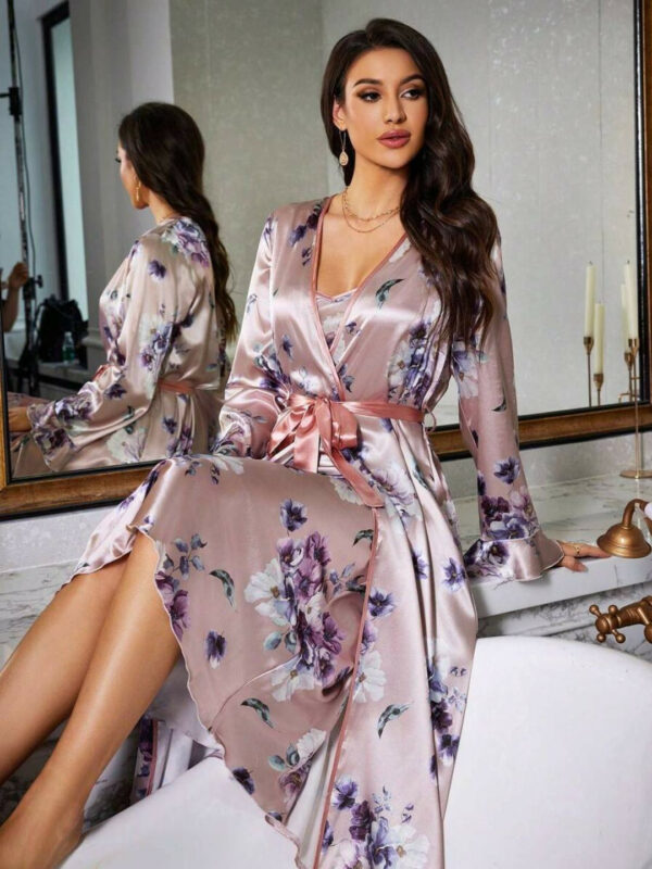 Women Floral Printed Satin Nightdress With Robe