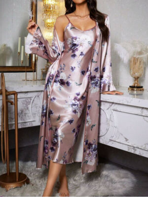Women Floral Printed Satin Nightdress With Robe