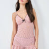 Women Pink Polka Dot V-Neck Sleeveless Ruffled Mini Nightdress
