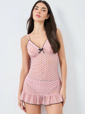 Women Pink Polka Dot V-Neck Sleeveless Ruffled Mini Nightdress