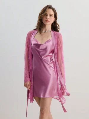 Women Satin Cami Nightdress & Contrast Lace Robe PJ Set