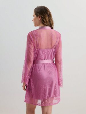 Women Satin Cami Nightdress & Contrast Lace Robe PJ Set