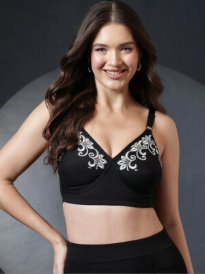 Black & Grey Floral Embroidered Non-Padded Full Coverage Cotton Bra