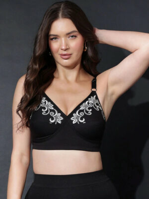 Black & Grey Floral Embroidered Non-Padded Full Coverage Cotton Bra