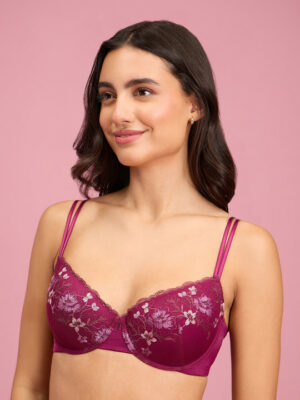 Embroidered Floral Lace Demi Bra - Purple