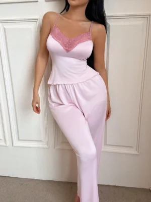 Lace Trim Camisole And Pants Women Pajama Nightdress