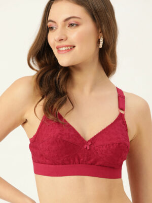 Maroon Floral Embroidered Cotton Bra