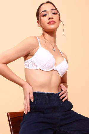Padded Underwired Demi Cup Bra in White - Lace