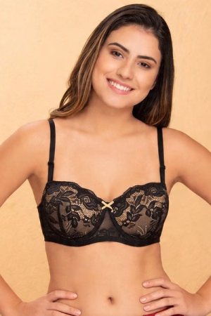 Padded Underwired Full Cup Strapless Bra in Black with Detachable Straps with Balconette Style -Lace