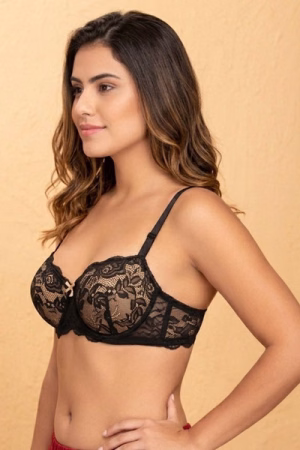 Padded Underwired Full Cup Strapless Bra in Black with Detachable Straps with Balconette Style -Lace
