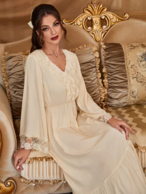 PalaceNights Contrast Lace Ruffle Trim Trumpet Sleeve Pajama Night Dress