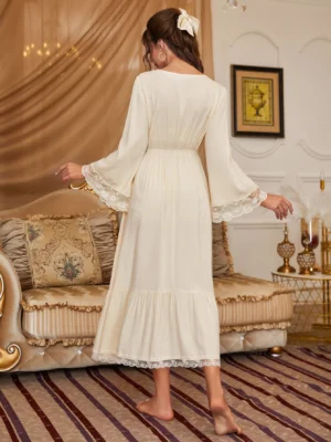 PalaceNights Contrast Lace Ruffle Trim Trumpet Sleeve Pajama Night Dress
