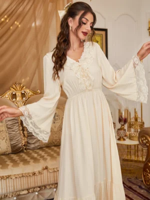 PalaceNights Contrast Lace Ruffle Trim Trumpet Sleeve Pajama Night Dress