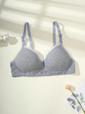 1pc Solid Color Ribbed V-Neck Lace Trim Wire-Free Breathable Thin Bra
