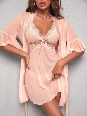 Lace Panel Flounce Sleeve Belted Mesh Robe & Cami Night Dress