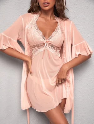 Lace Panel Flounce Sleeve Belted Mesh Robe & Cami Night Dress