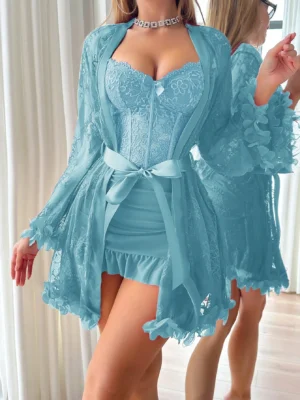 3D Floral Lace Robe Fishbone Waist Design Lace Sexy Nighty