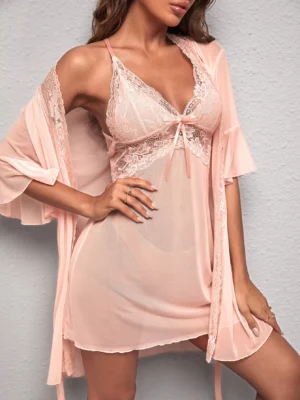 Lace Panel Flounce Sleeve Belted Mesh Robe & Cami Night Dress