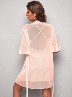 Lace Panel Flounce Sleeve Belted Mesh Robe & Cami Night Dress