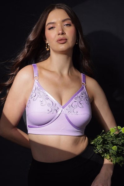 Non-Padded Non-Wired Full-Figure Plus Size Bra in Lilac Colour - Cotton