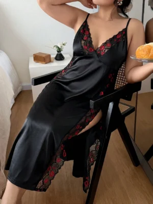 Plus Size Sexy V-Neck Lace Patchwork High Slit Nighty