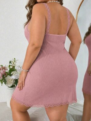 Plus Size Women's Contrast Color Lace Faux Button Sexy Nightdress