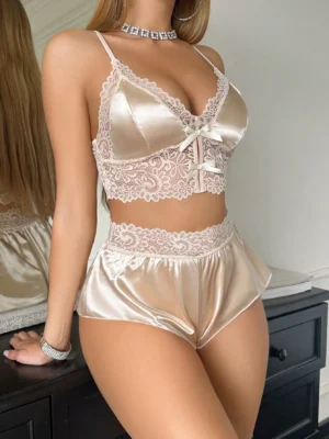 Woman Satin Backless Cami Top And Shorts Sexy Lace Nightdress